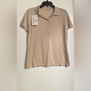 Button Pearl Short Sleeve Collared Silk Cashmere Beige Cream Women Top Small NWT